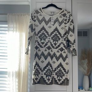 EXPRESS long sleeve white & silver Aztec sequin dress